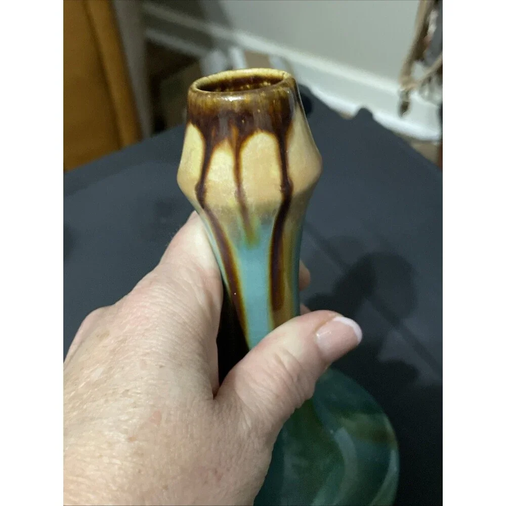Belgium Made Drip Glaze Art Pottery Thin Bud Vase Hand Made Mid-Century